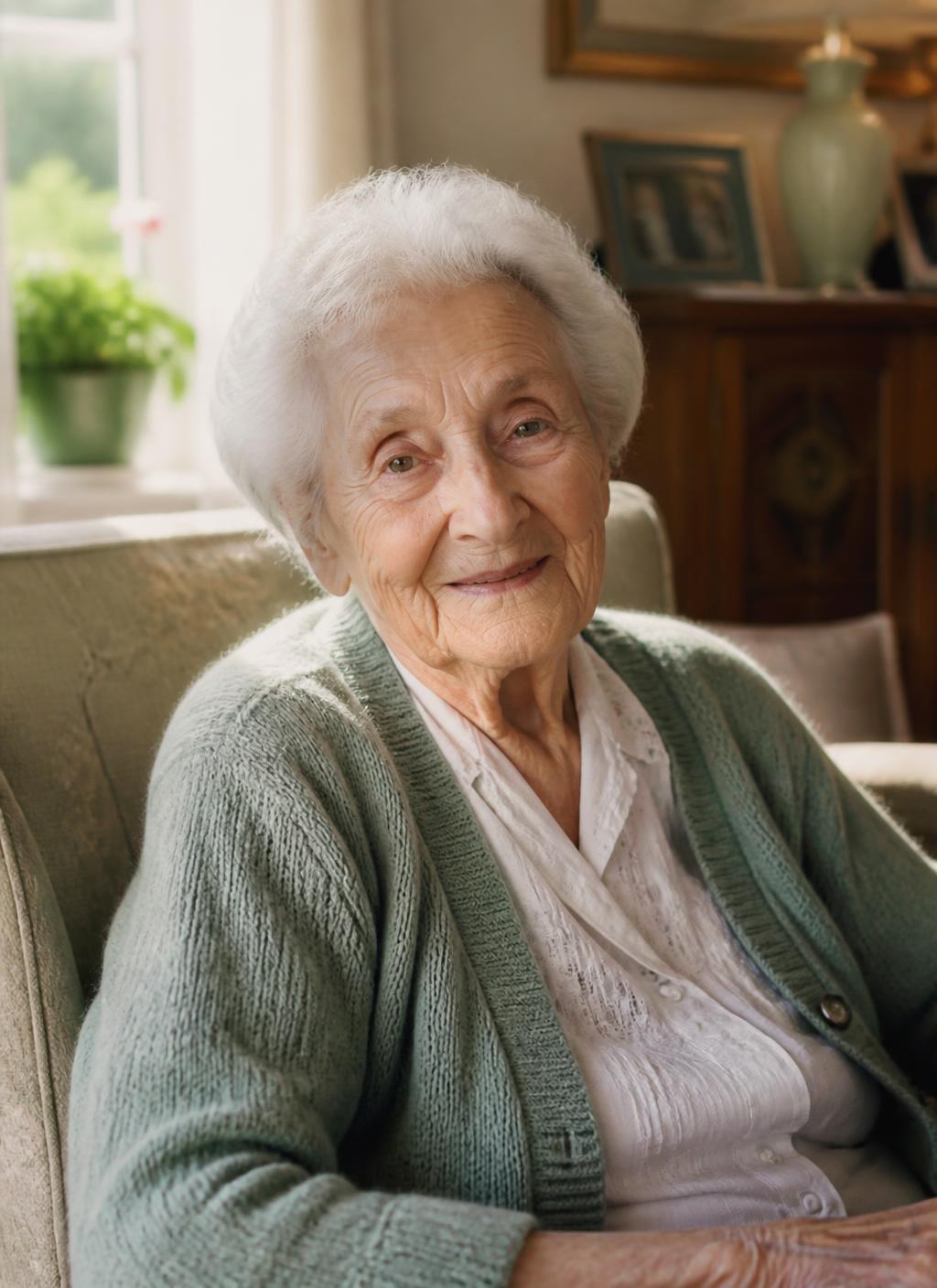A Homefelt resident smiling in the sunlit living room of one of our care homes